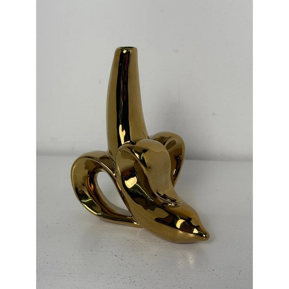 Gold Chrome Peeled Banana Ceramic Bud Vase Pop Art Sculptural Home Decor